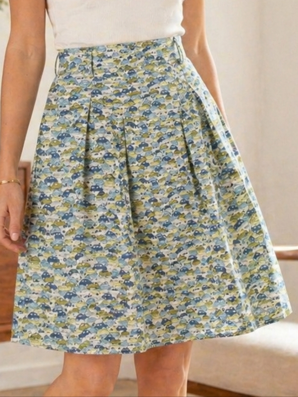 J. Crew Vintage Car Print Pleated A-Line Skirt Cotton Size 8